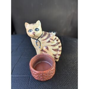 Vintage Cattitude 3.75" Kitty Cat & Bird Tea Light Candle Holder Figurine